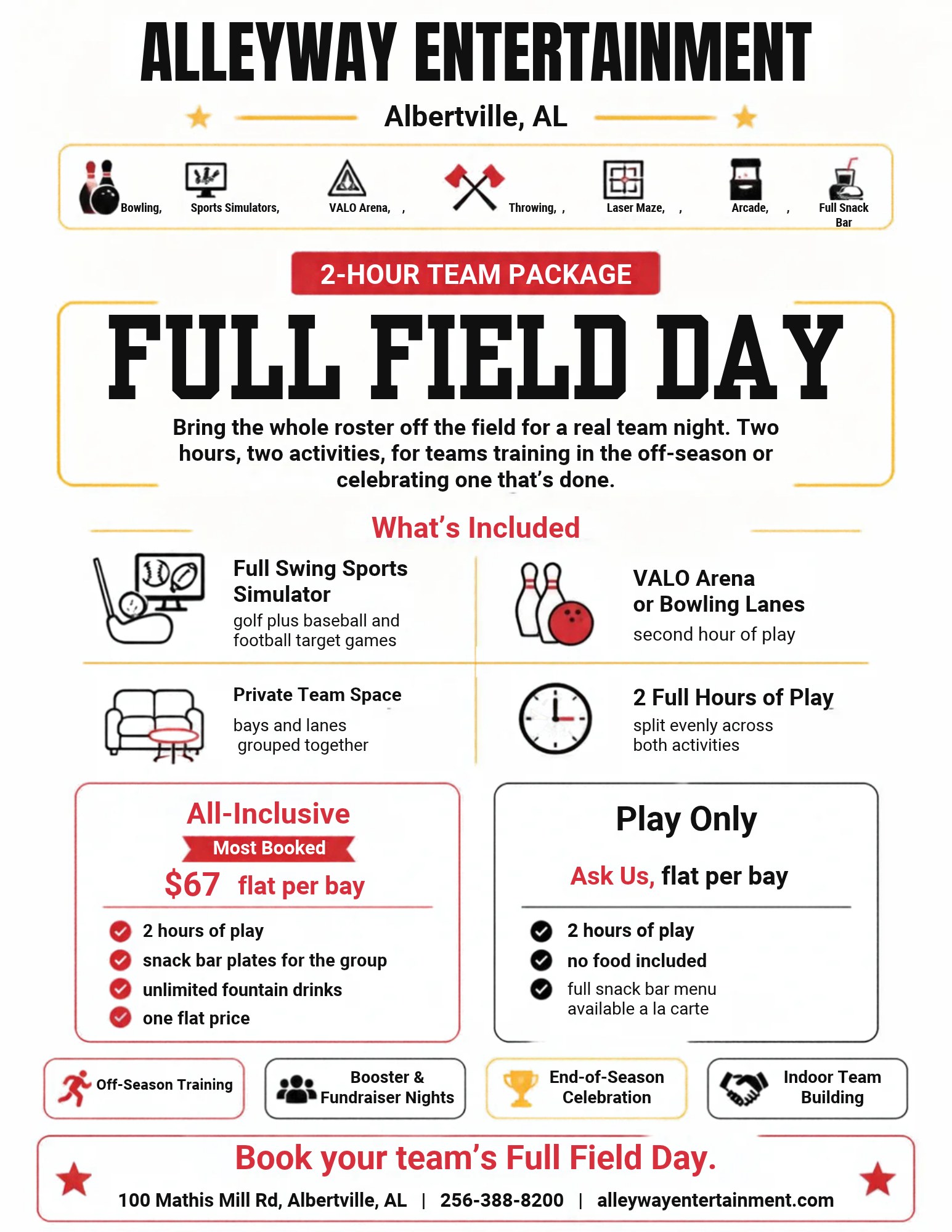 Full Field Day: 2-hour team package with sports simulator plus VALO Arena or bowling, $67 per bay all-inclusive