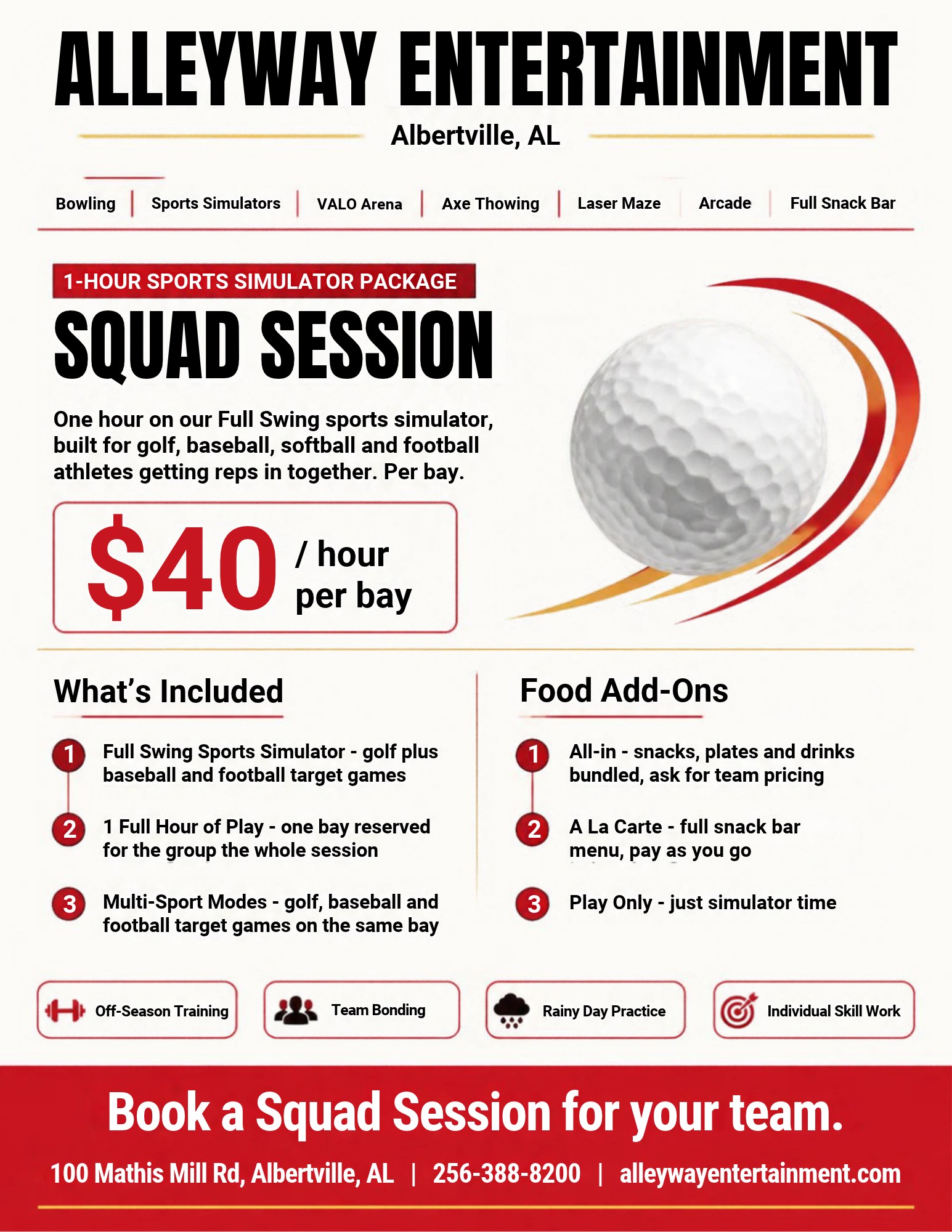 Squad Session: 1-hour Full Swing sports simulator package, $40 per hour per bay
